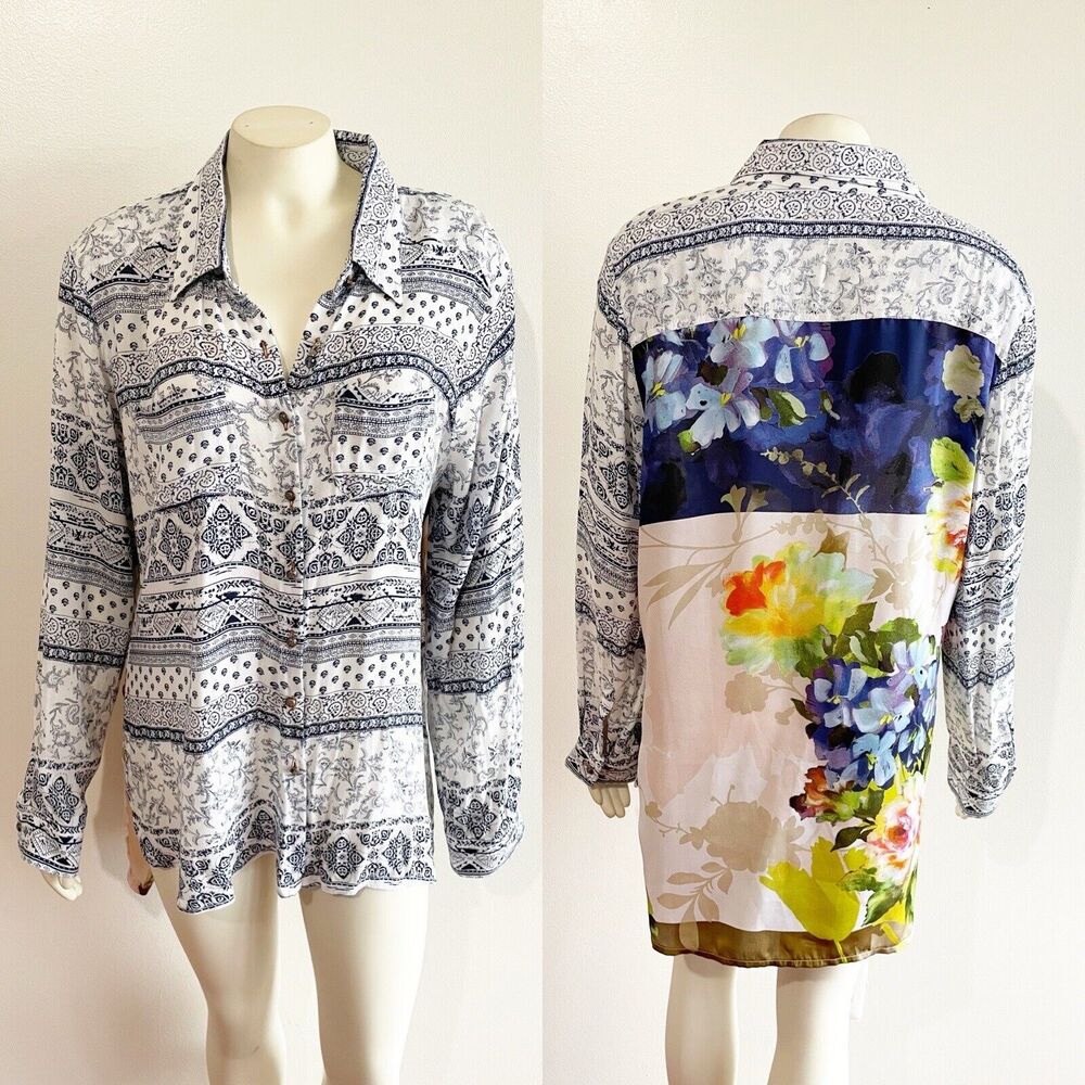 Aratta Silent Journey LARGE Mixed Print Floral Top Button Down